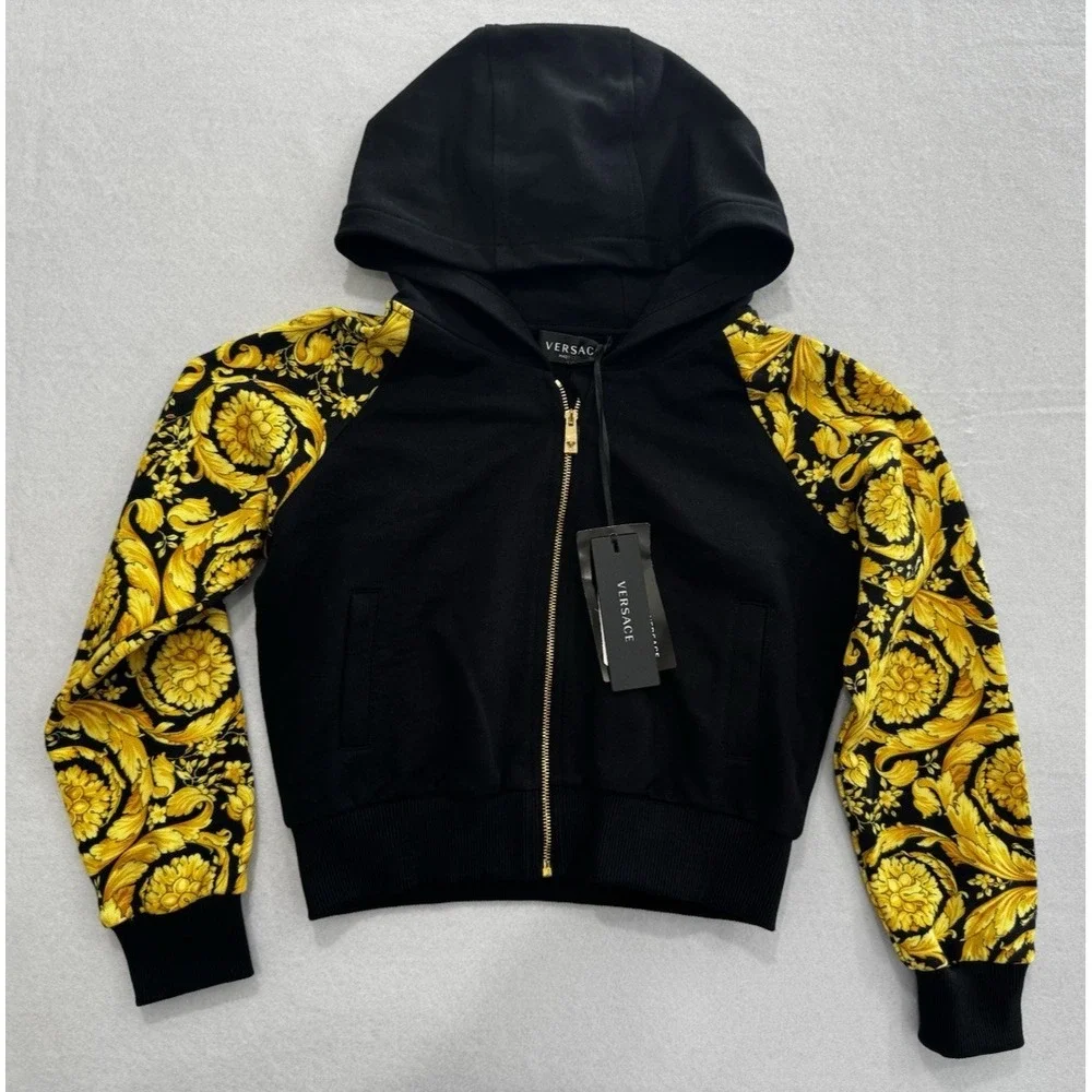 Versace‎ Girls' Barocco Zip Hoodie Black Gold Size 8 NWT $375